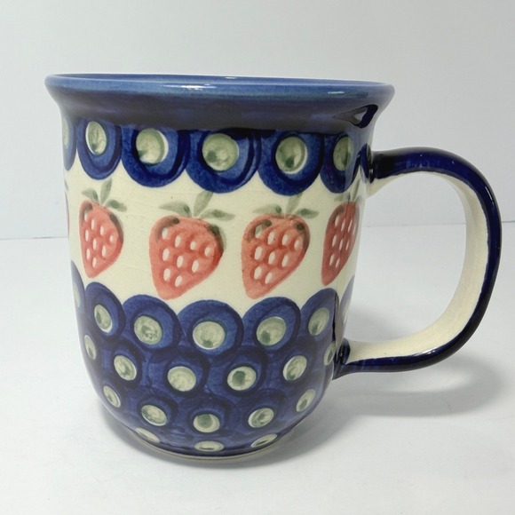 Wiza Other - Wiza Polish Pottery Strawberry Peacock Eye Coffee Mug Boleslawiec Poland Blue